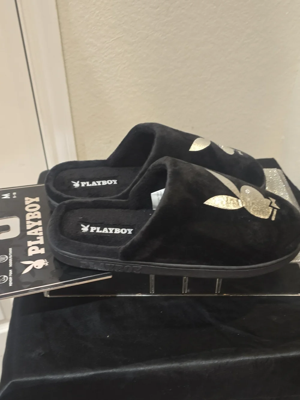 Playboy Metallic Bunny Logo Indoor/Outdoor Memory Foam Slide Slippers- Black
